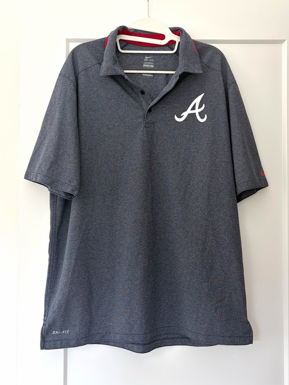 Nike Men's Blue-Gray Atlanta 'A' Polo with Red Collar Accents Large